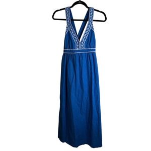 J. Crew Blue Embroidered Maxi Dress Halter V Neck Sundress Size Small